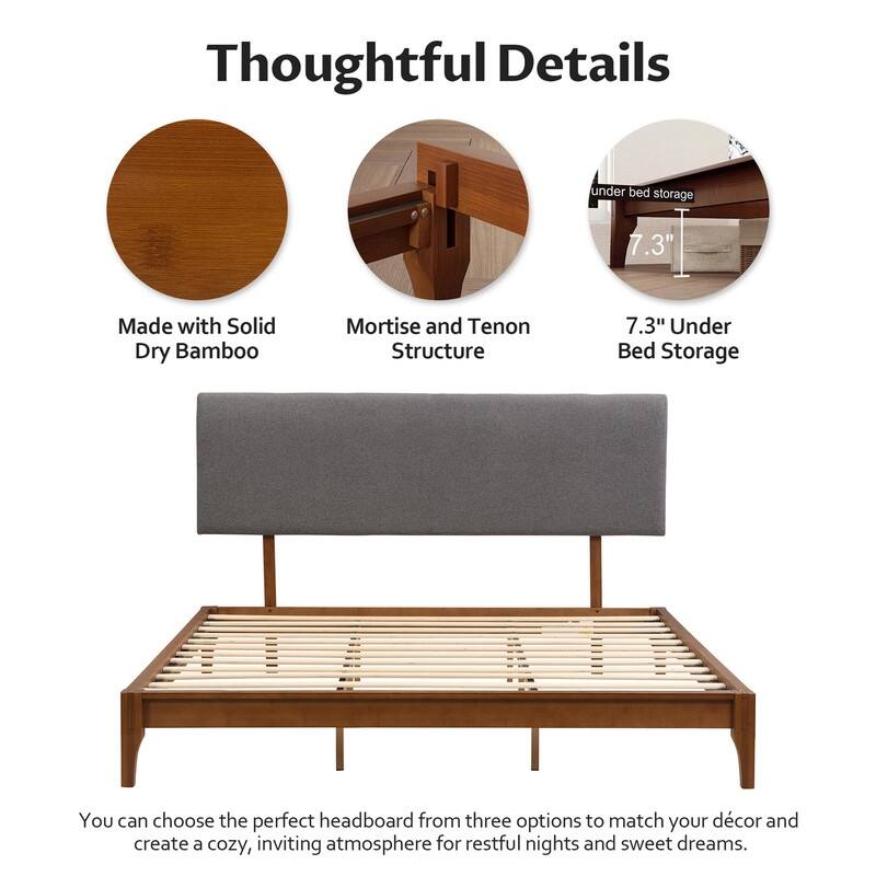 Solid Dry Bamboo Wood 12 Inch Platform Bed, with Bamboo Frame Upholstered Adjustable Headboard