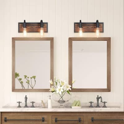 Farmhouse 2-Light Wood Wall Sconces Bathroom Vanity Lights - W14"x H 6"x E 4.3"