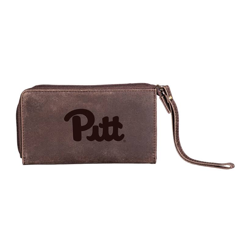Brown Leather Cell Phone Wristlet Wallet, University of Pittsburgh - 4" x 7"