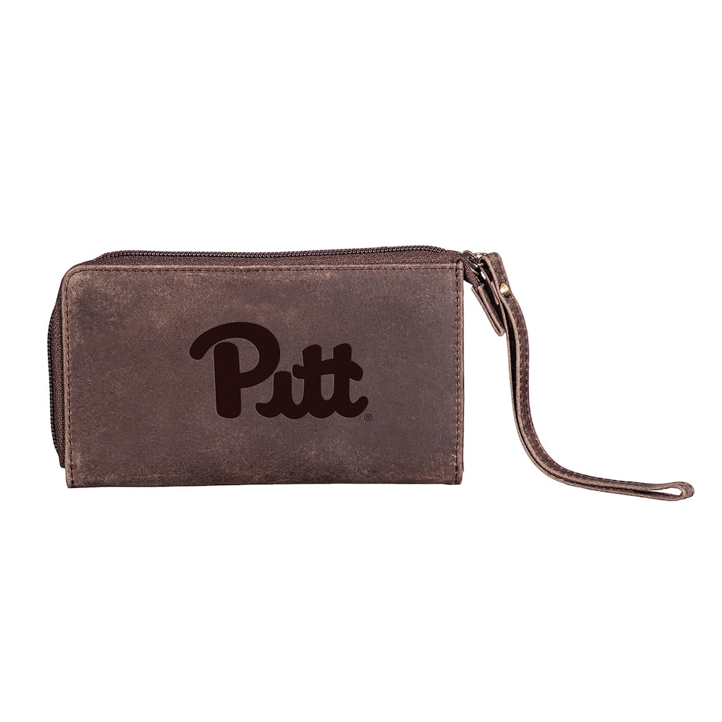 Brown Leather Cell Phone Wristlet Wallet, University of Pittsburgh - 4" x 7"