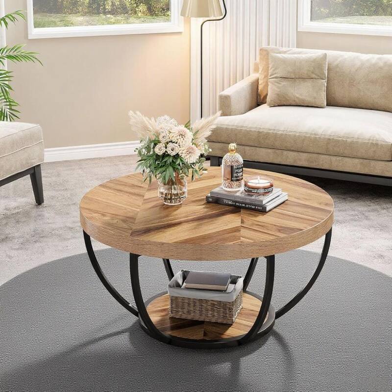 Engineered Wood Round Coffee Table with 2-Tier Metal Base - 31.69" L x 31.69" W x 17.32" H