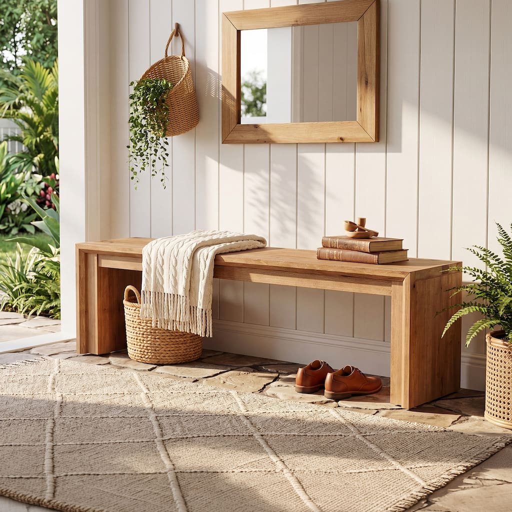 63 Inch Solid Wood Entryway Bench, Industrial End of Bed Bench