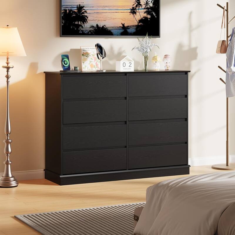 8 Drawer Dresser for Bedroom, Wide Black Chest with Spacious Top, Modern Wooden Organizer for Closet, Living Room