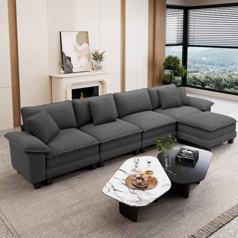 MAISON ARTS Modular Cloud Sectional Sofa, Comfy L- or U-Shaped Couch with Ottomans & Pillows, 4–6 Seat Living Room Sofa - Grey Corduroy (5 Pieces ) - Reversible