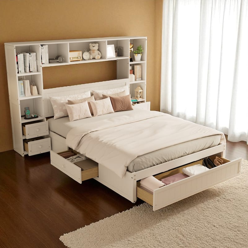 Full/Queen Size Pine Wood Platform Bed with Storage Drawers, Nightstands, Bookcase, Charging Stations, No Box Spring