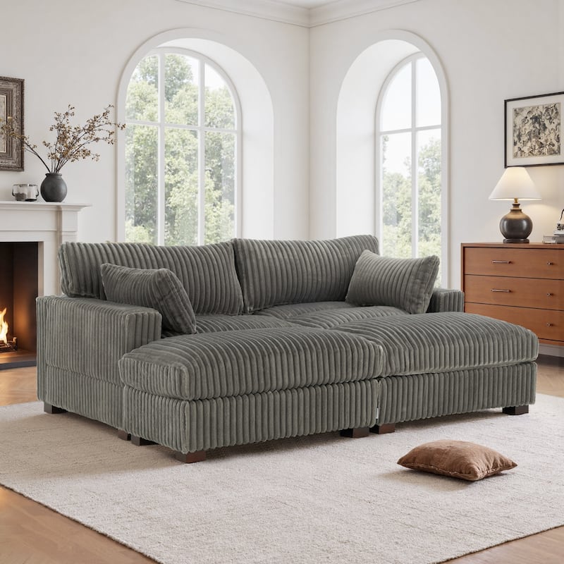Modern Oversized Plush Corduroy Modular Sectional Sofa with 2 Ottomans - Light Grey-4 Pieces - Symmetrical