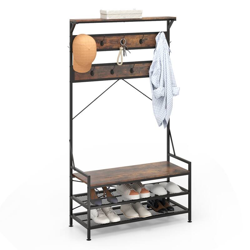 4-In-1 Coat Rack Freestanding Hall Tree w/ Hanging Hooks for Hallway - Brown