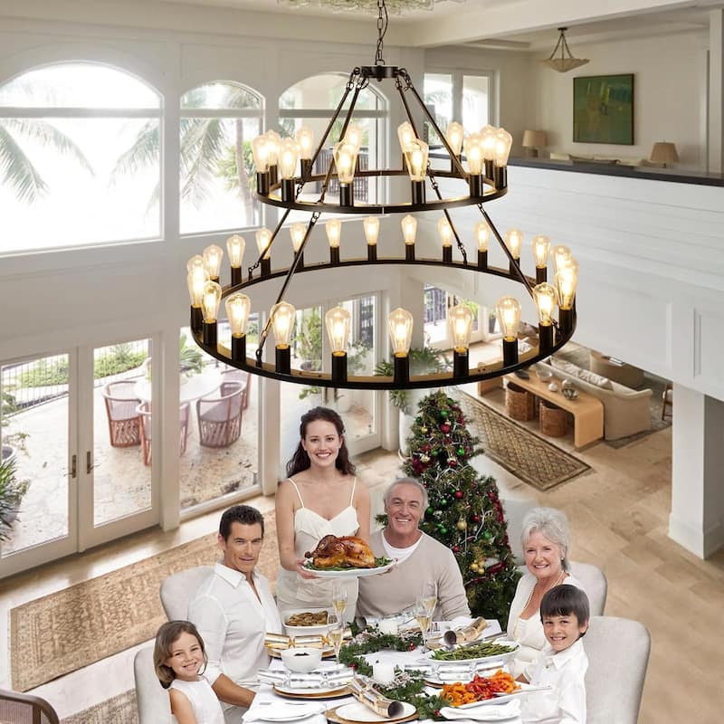 52"Extra Large Wagon Wheel Chandelier, 2 Tier 36-Lights Round High Ceiling Pendant Light Adjustable Chain