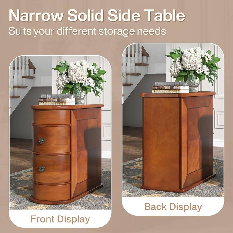 2-Drawer Solid Wood End Table, Narrow Side Table, No Assembly Required