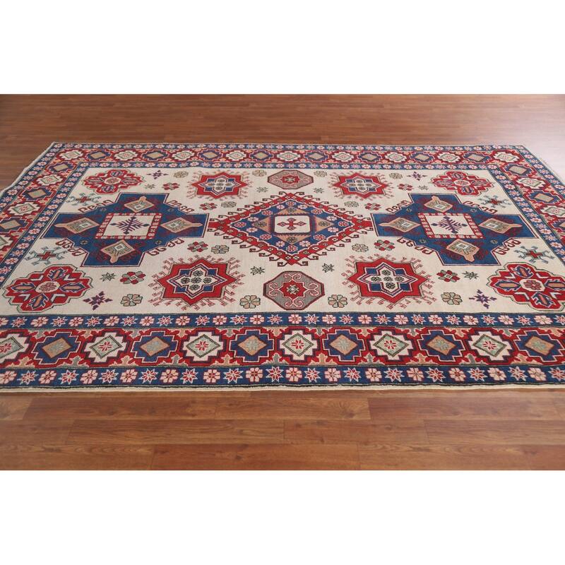 Hand Knotted Oriental 100% Wool Carpet Traditional Geometric Beige & Ivories Kazak Area Rug - 9' 7'' X 6' 7''