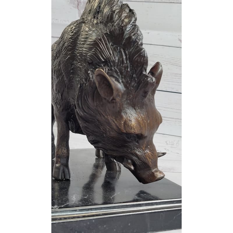 Wild Boar Pig Feral Hog Bronze Statue Sculpture Figure On Marble Base J. Moigniez