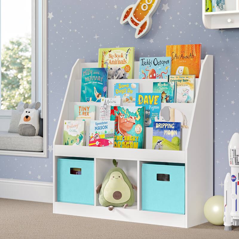 RiverRidge Kids Playroom Bookrack with 3 Toy Organizer Cubbies and 4 Book Shelves - White with Optional Bins - White with 2 Aqua Bins