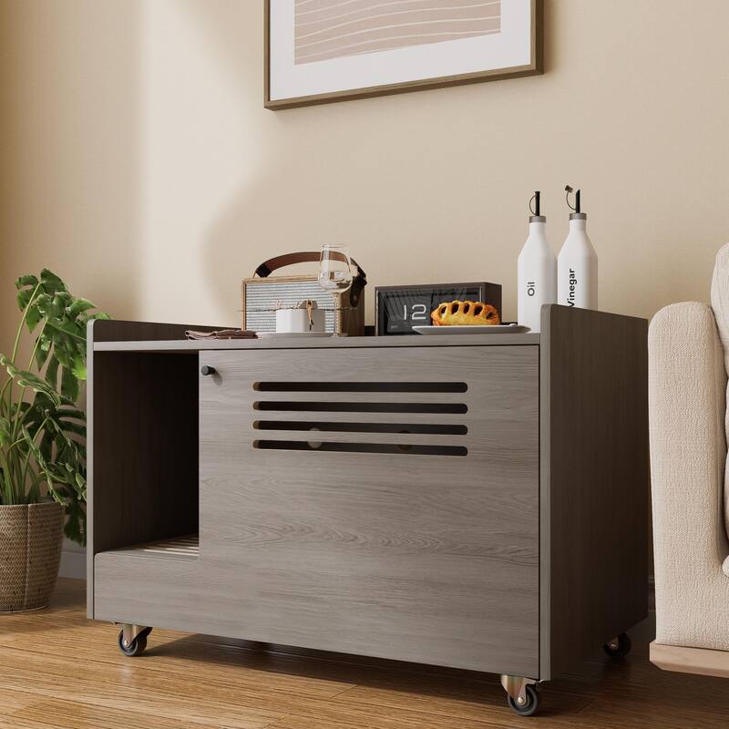 Cat Litter Box Enclosure,Hidden Litter Box Furniture with Top Side Fence,Wooden Pet House Side End Table - Grey