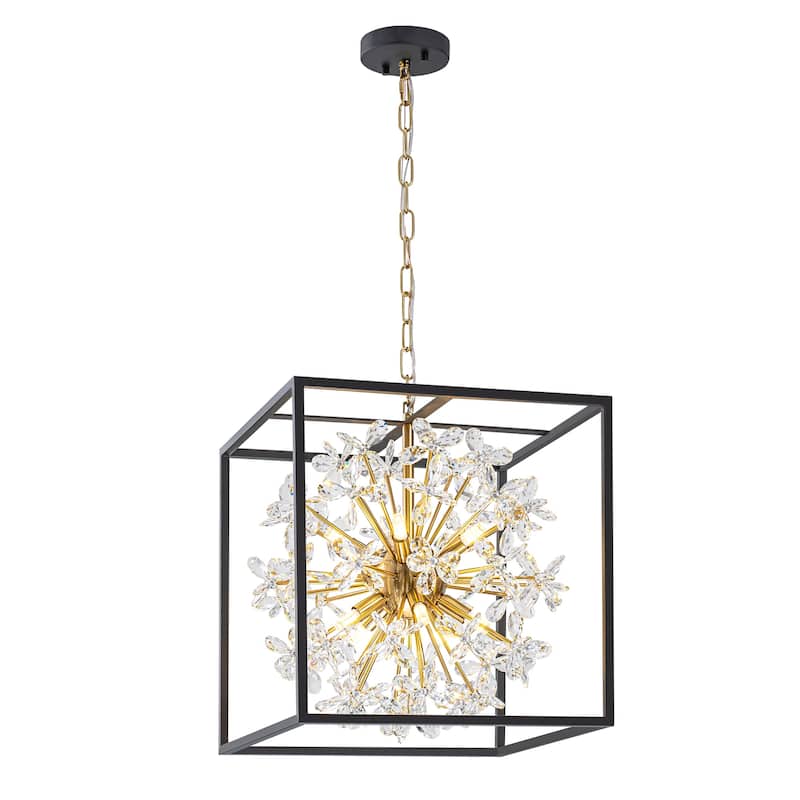 10-Light Modern Black Square Caged Chandelier Sputnik Gold Crystal Chandelier for Living/Dining Room - 16.1 in. W x 17.1 in. H
