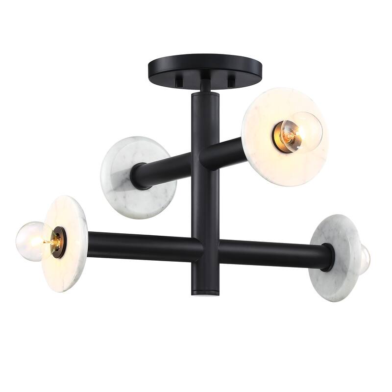 Fina 16 in. 4-Light Matte Black Modern Semi Flush Mount with Natural Marble Accents for Bedrooms - 12.25