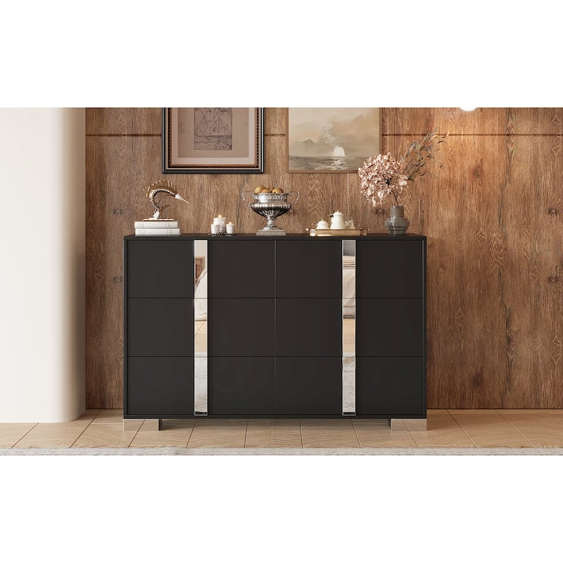 Elegant Modern Dresser With Metal Handle,Mirrored Storage Cabinet With 6 Drawers