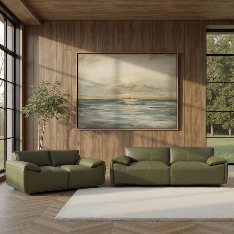 Tanner Top Grain Leather Loveseat, Sofa, or Living Room Set with Padded Arms - 2 Piece Set - Green