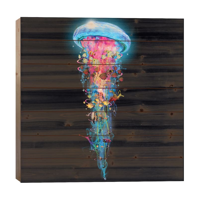 Super Electric Jellyfish World Wide Print On Wood by David Loblaw - Multi-Color - 26x26x1.5