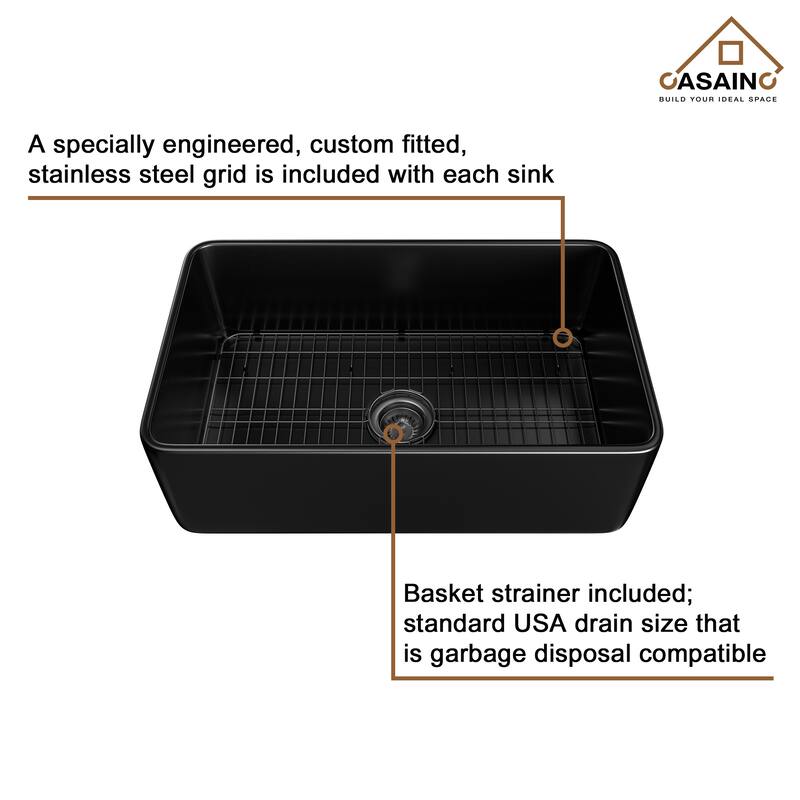 CASAINC Farmhouse/Apron-Front Single Bowl Fireclay Kitchen Sink with Bottom Grid and Strainer, cUPC Certified