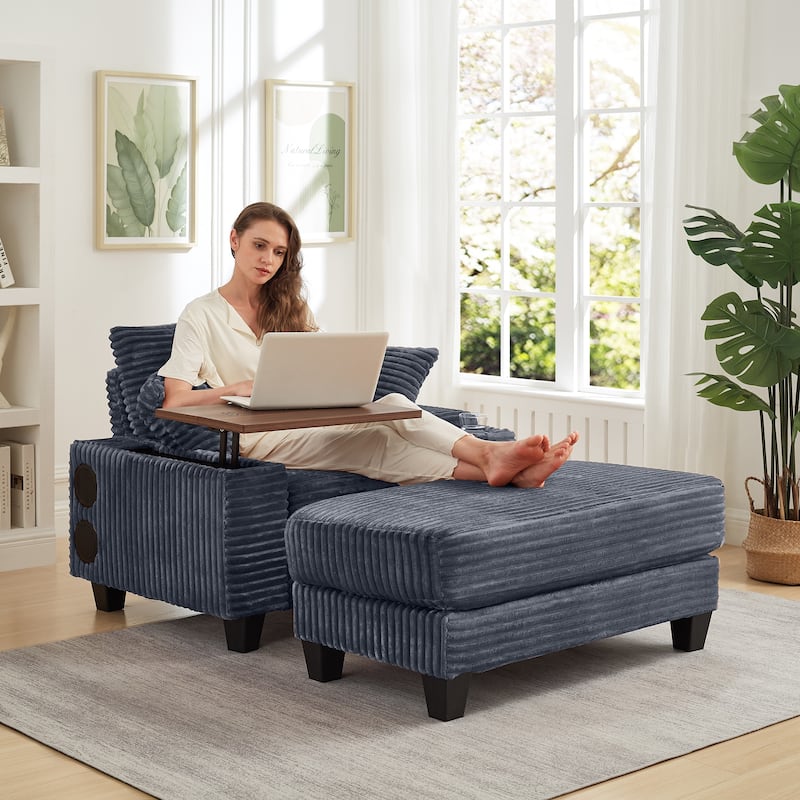 Versatile Chaise Lounge Single Sofa Chair with Ottoman, Swivel Table, Storage Armrest, Cup Holder, Bluetooth Speaker and USB