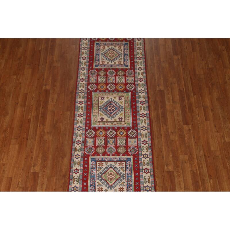 Red Traditional Geometric Kazak Oriental Wool Runner Rug Hand-knotted - 2'9" x 9'9"