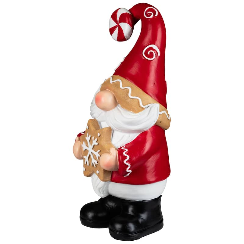 Gnome Holding Gingerbread Snowflake Cookie Christmas Decoration - 11.5" - Red