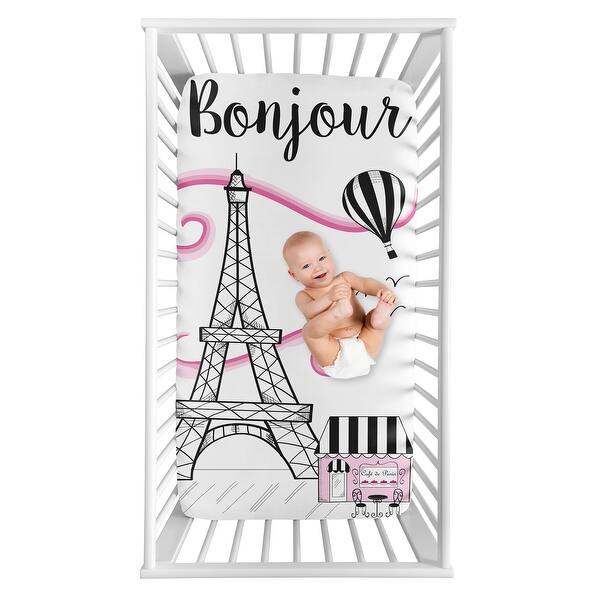 slide 2 of 2, Paris Collection Girl Photo Op Fitted Crib Sheet - Hot Pink, Black and White Eiffel Tower Striped Hot Air Balloon
