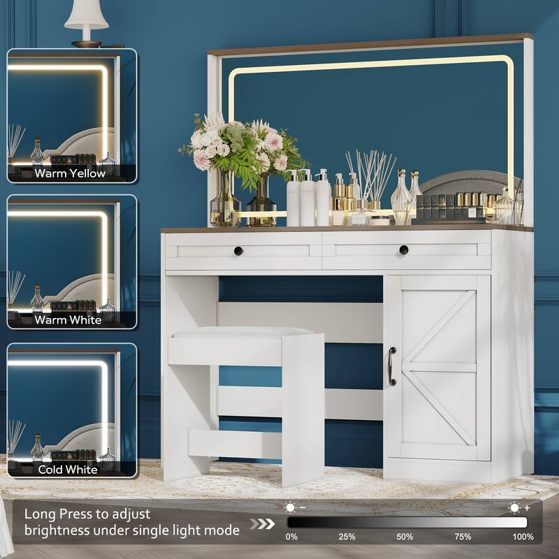 Roomfitters Farmhouse Vanity Desk with Hollywood Makeup Mirror and Lights, Vanity Table with Barn Door with 2 Drawers