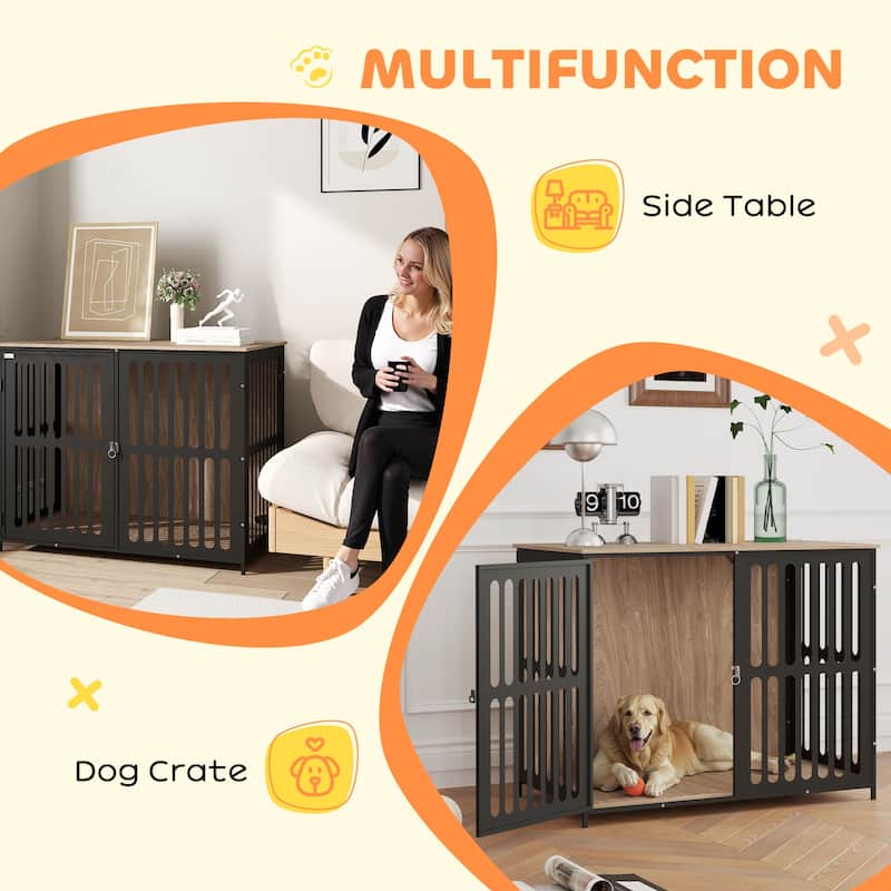 Walnut Brown Dog Crate Side Table with Escape-Proof Front Door Large Mesh Elevated Non-Slip Feet and Melamine Finishs