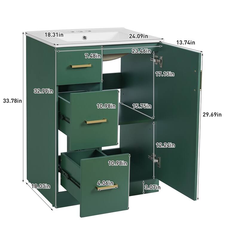 24'' Freestanding Bathroom Vanity with White Integrated Ceramic Sink - 24'' x 18.3'' x 33.78''