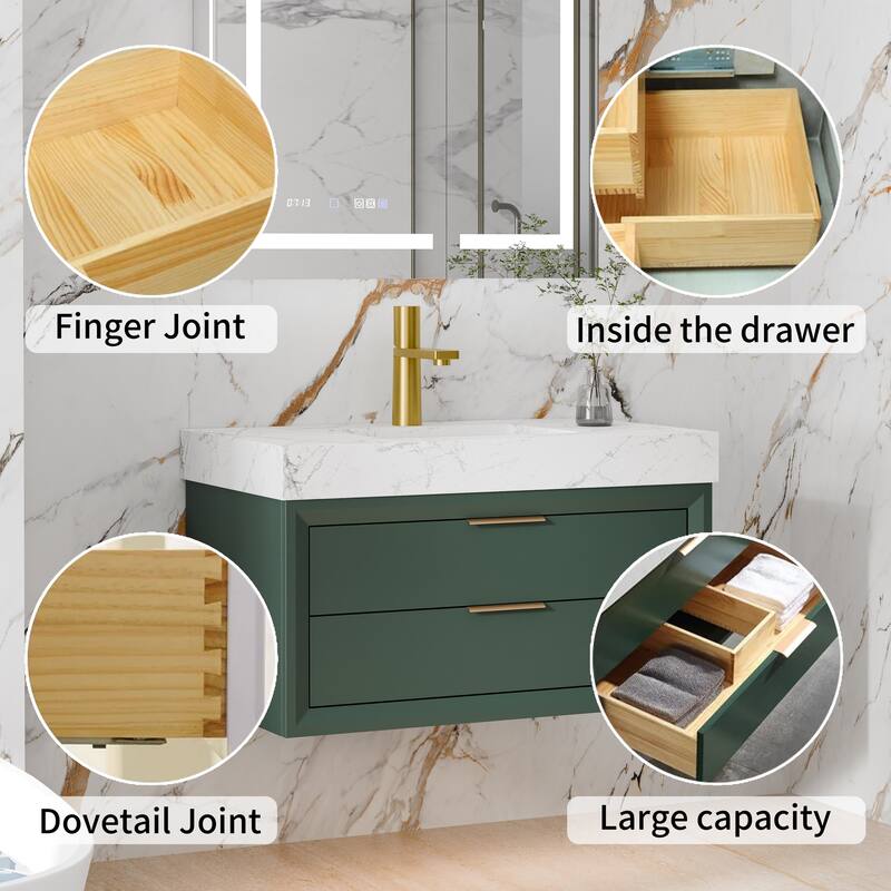 Modland 36" Wall-Mount Vanity with LED Light & 2 Soft-Close Drawers - Solid Oak, Black,White,Blue,Green - 36 inch