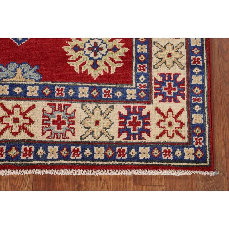 Red Geometric Kazak Oriental Foyer Rug Handmade Wool Carpet - 3'5" x 5'1"
