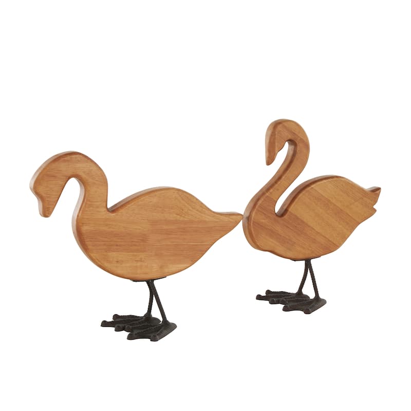 Brown Wood Abstract Minimalistic Duck Decorative Garden Sculpture with Black Metal Feet (Set of 2)