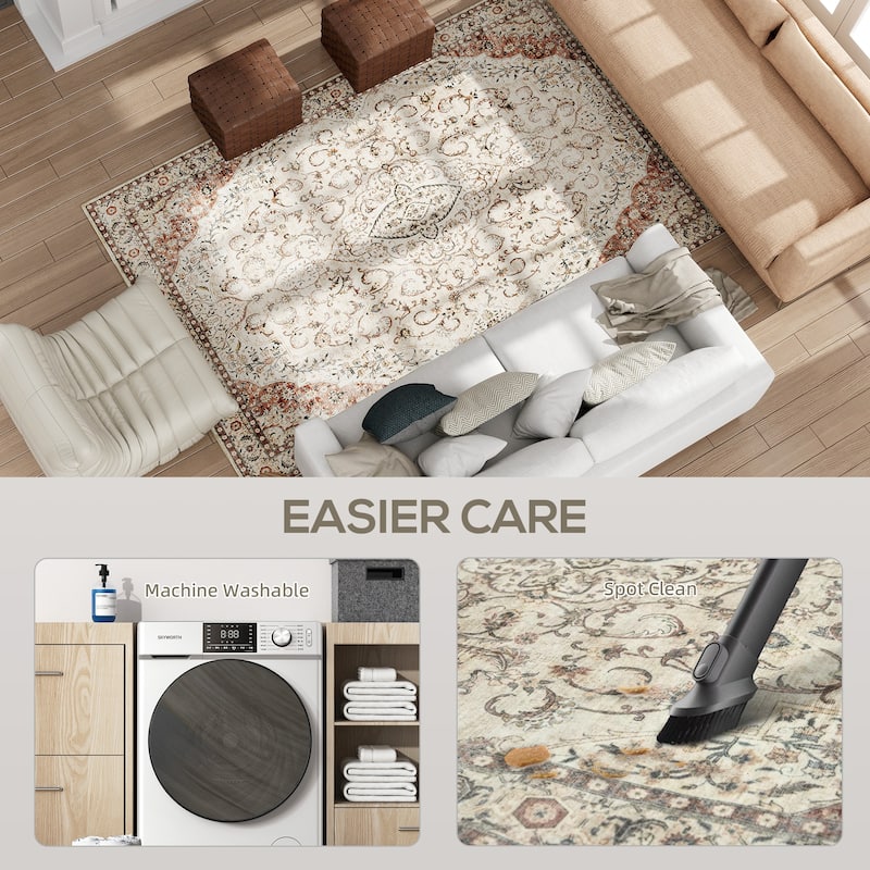 HOMCOM Area Rug 5x7, Machine Washable Rug, Non-Slip Classical Floral Print Floor Cover Foldable Carpet for Living Room,