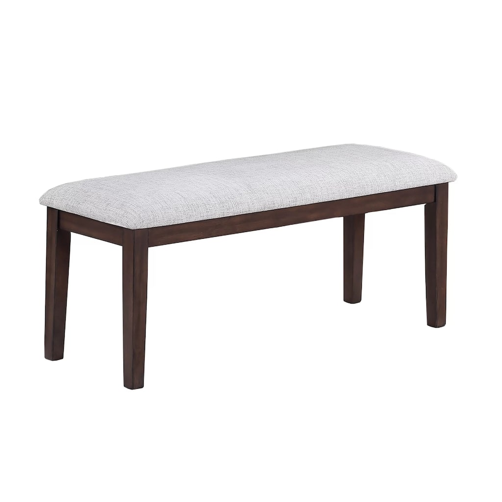 Dining Bench, White Fabric Walnut Brown Rubberwood, 46 Inch Foam Seat