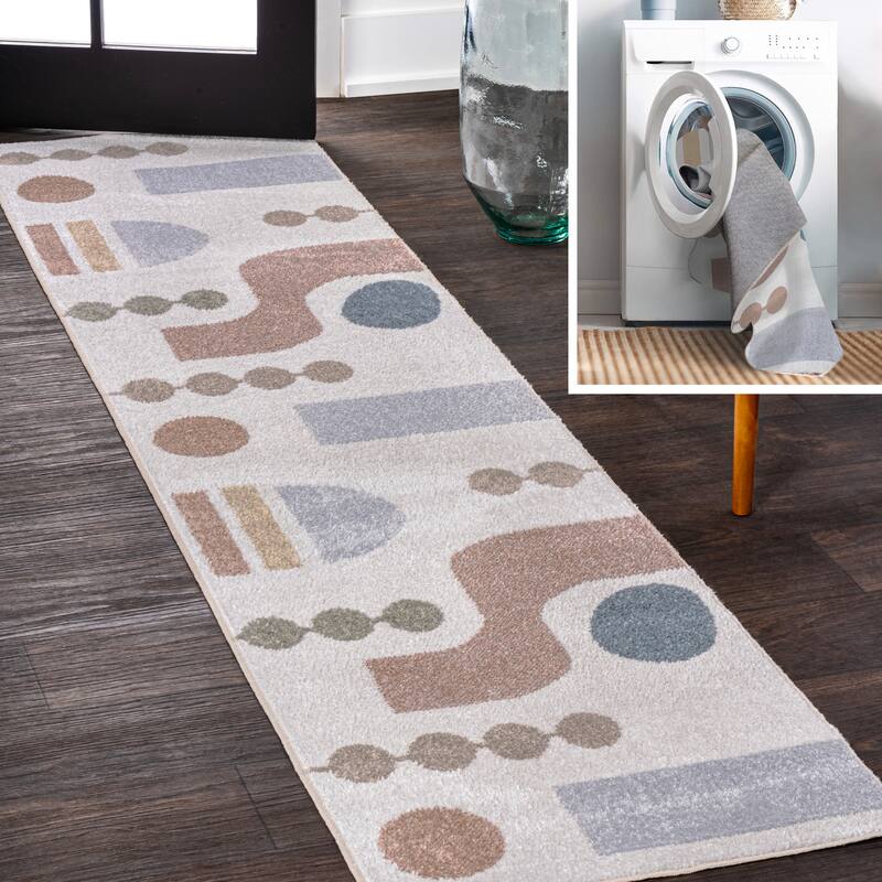 JONATHAN Y Doodle Abstract Coastal Kids & Novelty Machine-Washable Cream/Multi Area Rug - 2 X 8