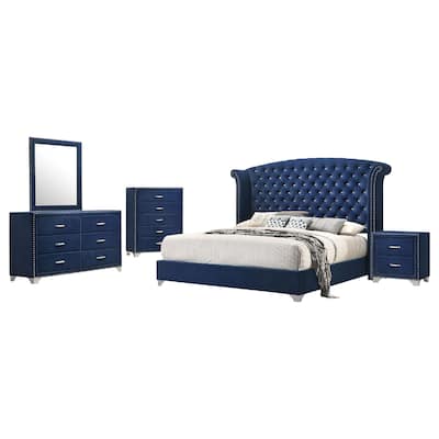 Giya 5pc King Bedroom Set, Classic Tufted Dark Blue Velvet Upholstery