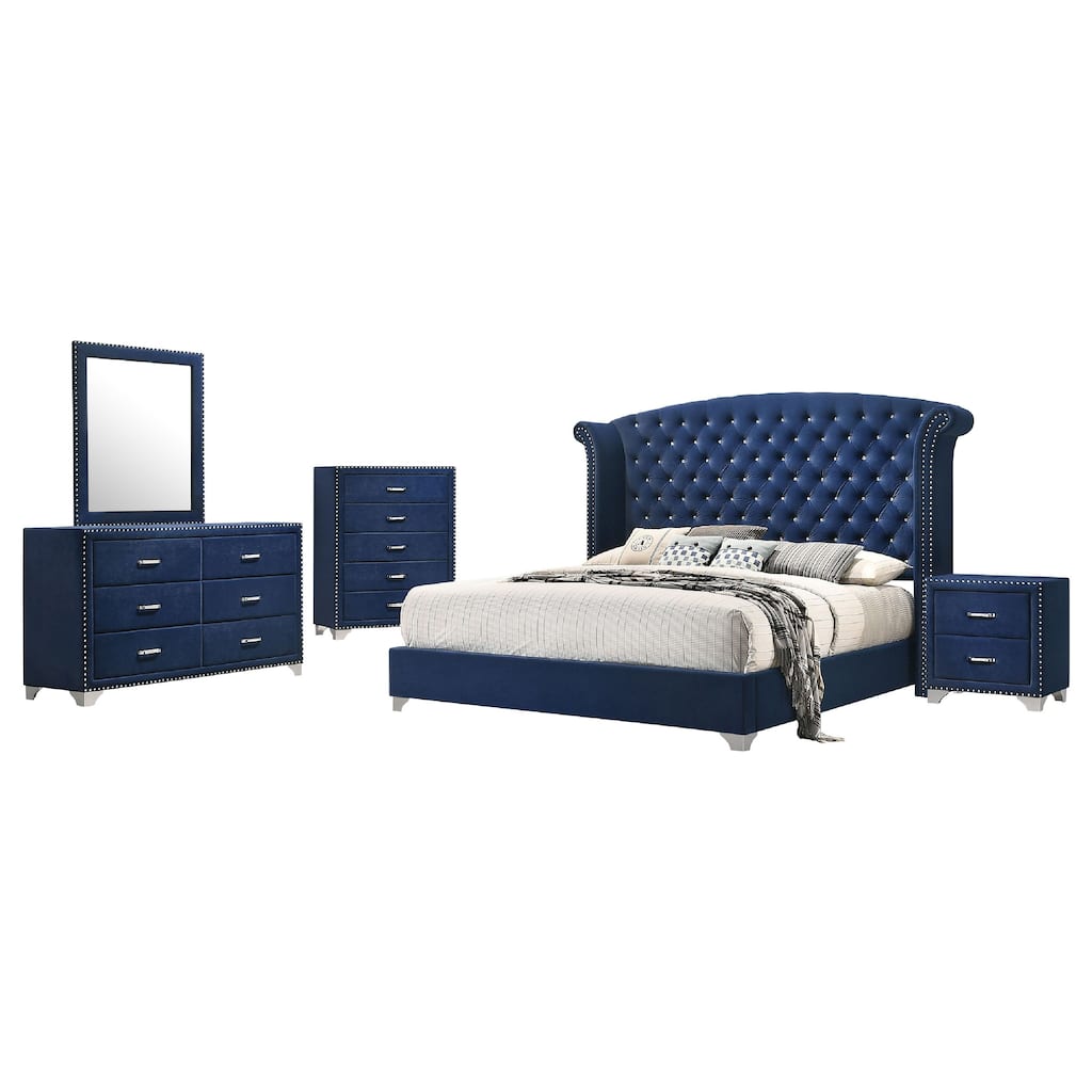 Giya 5pc King Bedroom Set, Classic Tufted Dark Blue Velvet Upholstery