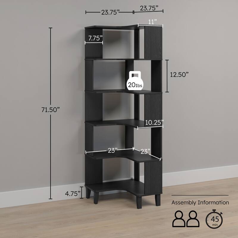 Prepac Nordik 6-Tier Corner Bookcase, 71.5" Extra Tall Corner Shelf, Freestanding Bookshelf for Home Office, Living Room