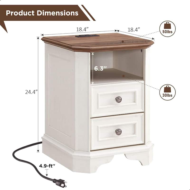 18" Farmhouse Nightstand with Charging Station, End Table,Side Table