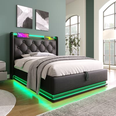 Roomfitters Twin Size Upholstered Storage Bed with USB Type-C Charging and Remote Control, Faux Leather
