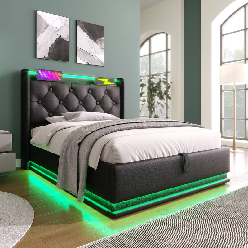 Twin Size Platform Bed Underbed Storage Bed with Wingback Tufted Headboard, USB and 360 Surround LED Strip, PU Upholstered