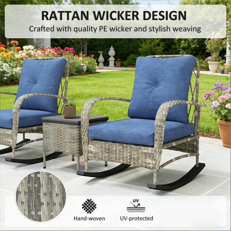 GDFStudio - Outdoor PE Rattan 3-Piece Balcony Bistro Set with Rocking Chairs