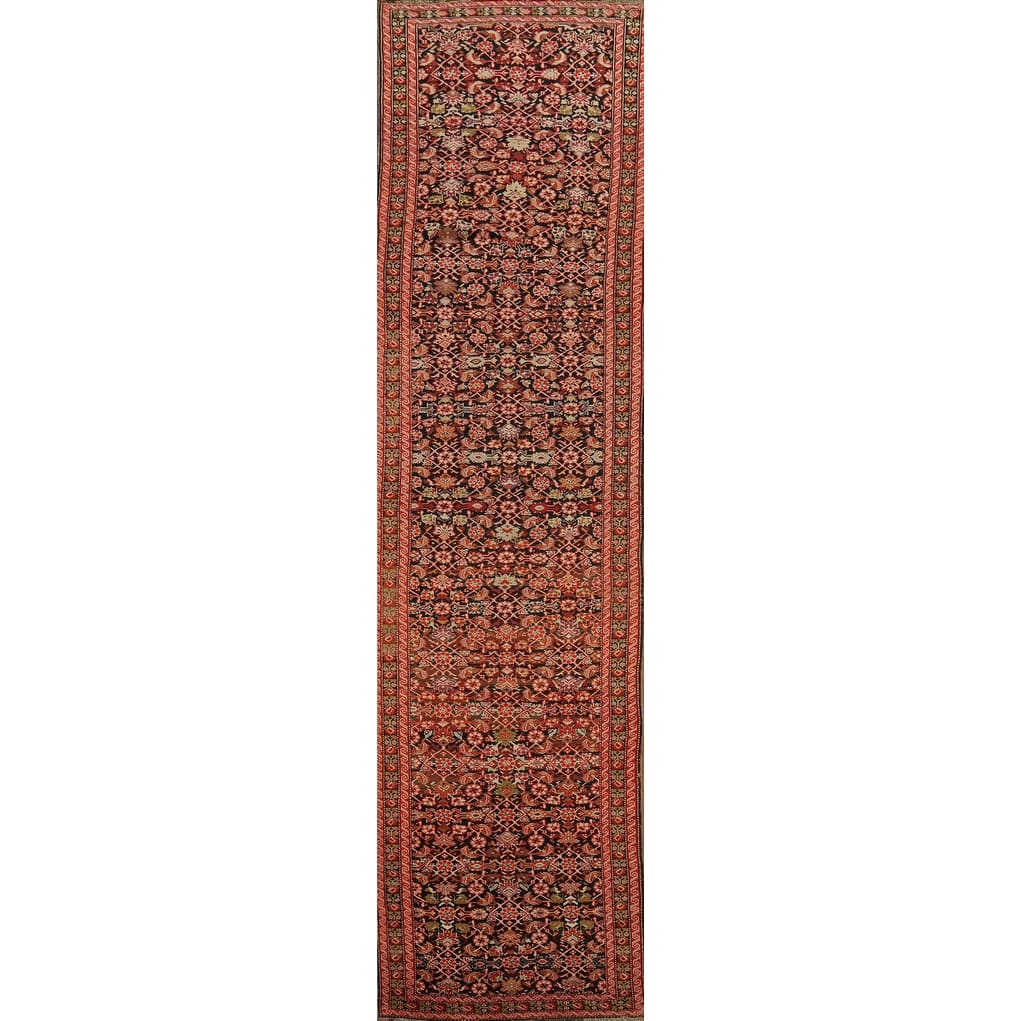 Hand Knotted Oriental 100% Wool Carpet Traditional Floral Black Karabagh Runner Rug - 18' 8'' X 3' 7''