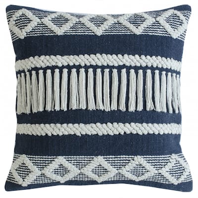 HomeRoots 20" X 20" Blue And Ivory 100% Cotton Geometric Zippered Pillow
