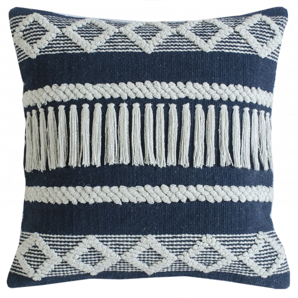 HomeRoots 20" X 20" Blue And Ivory 100% Cotton Geometric Zippered Pillow
