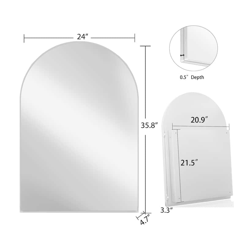 Arched Metal Framed Bathroom Mirror Cabinet, 24x36 Inch Wall Mounted or Recessed Medicine Cabinet with Storage