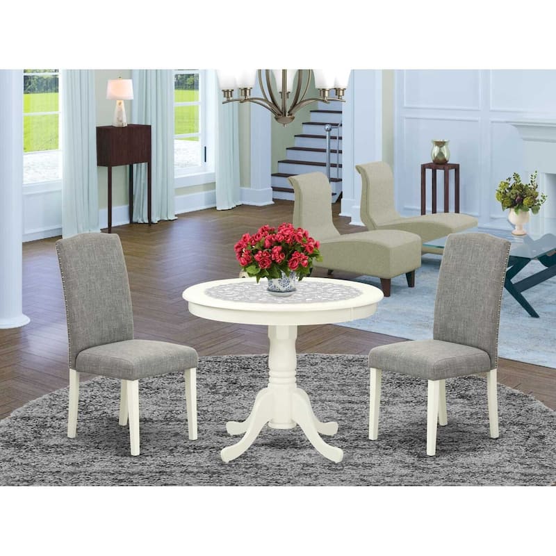 Round Dining Table Set 36 Inch - 3Pc Table & Chairs - Linen White Legs - Dark Shitake Fabric