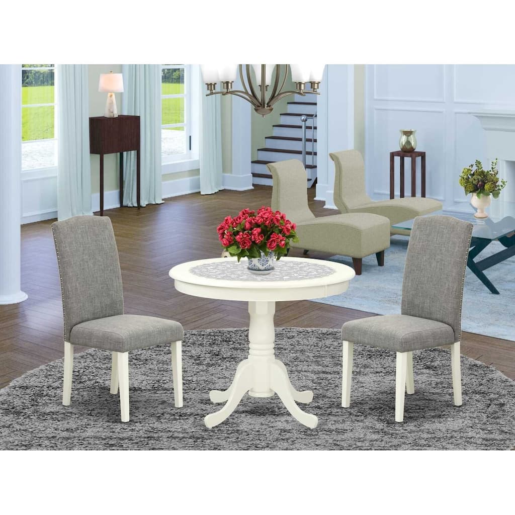 Round Dining Table Set 36 Inch - 3Pc Table & Chairs - Linen White Legs - Dark Shitake Fabric