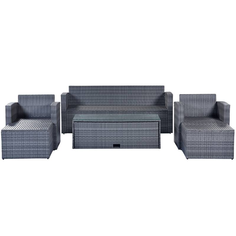 6-Pieces Outdoor Rattan Conversation Sofa Set with Coffee Table and 2 Ottoman